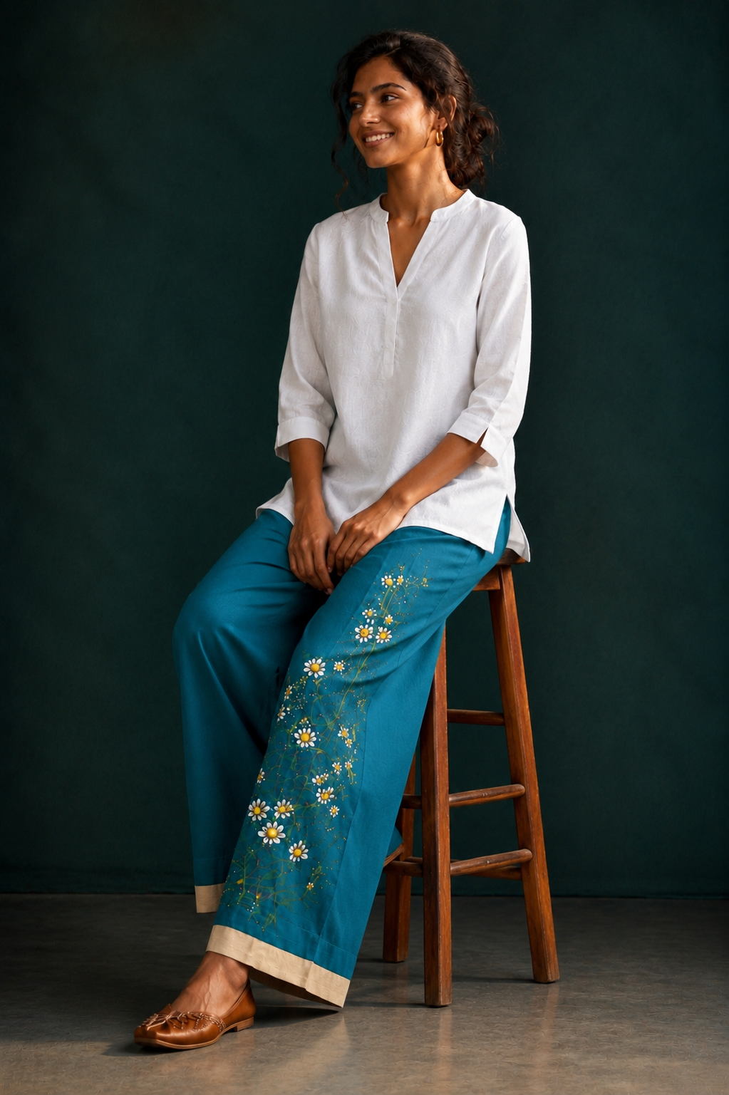 Women’s Teal Blue Hand-Painted Floral Wide Leg Palazzo Pants