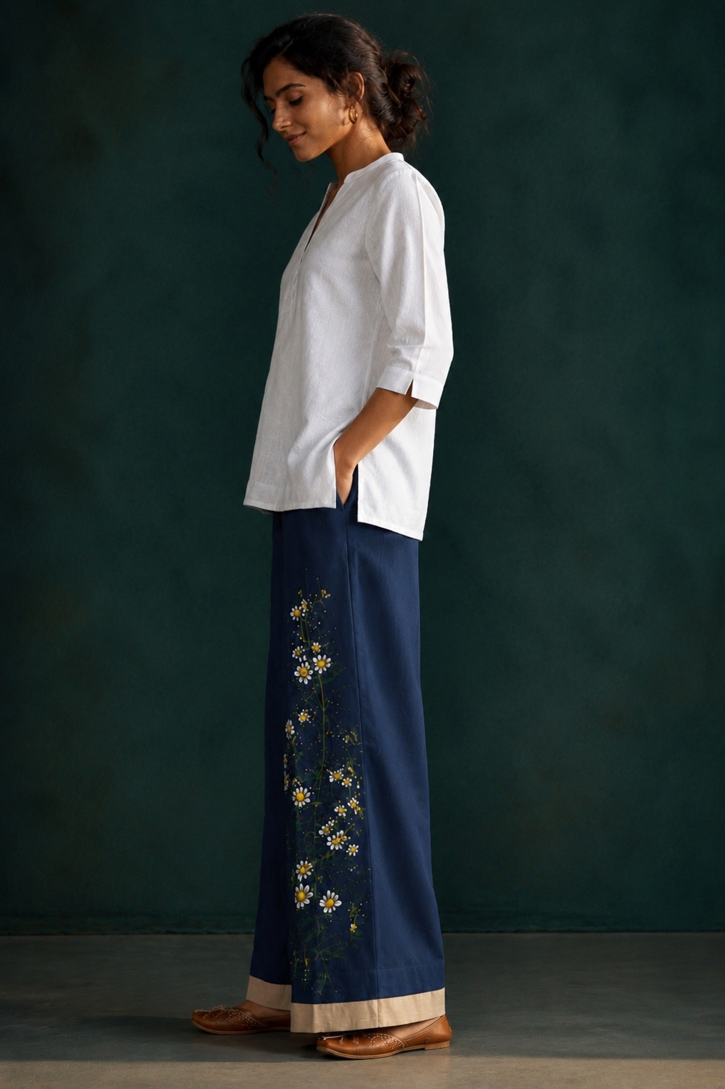 Women’s Navy Blue Hand-Painted Floral Wide Leg Palazzo Pants