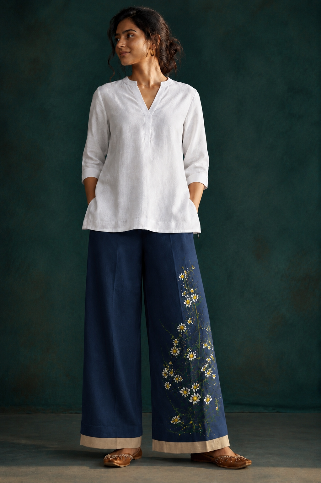 Women’s Navy Blue Hand-Painted Floral Wide Leg Palazzo Pants