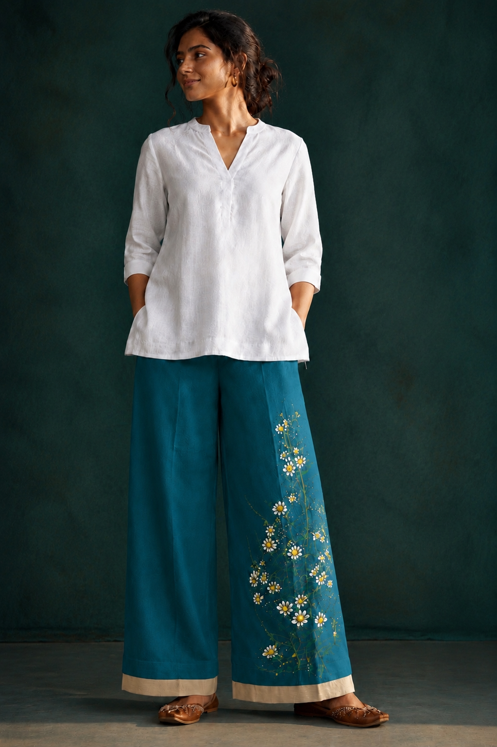 Women’s Teal Blue Hand-Painted Floral Wide Leg Palazzo Pants