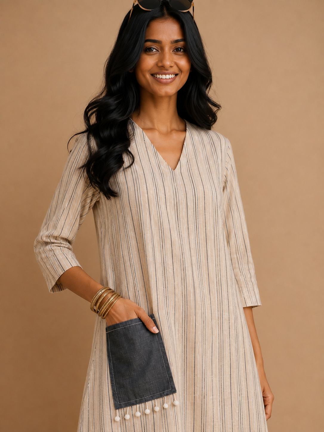 White Stripes A-Line Dress with denim pocket.