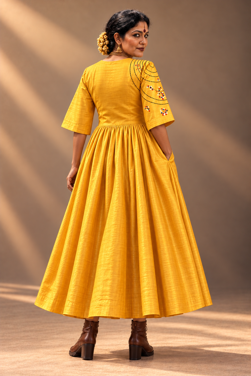 Yellow silk Dress with boxy sleeves
