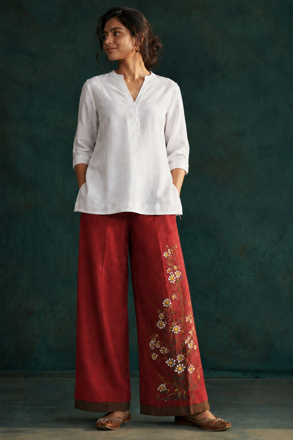 Women’s Red Hand-Painted Floral Wide Leg Palazzo Pants