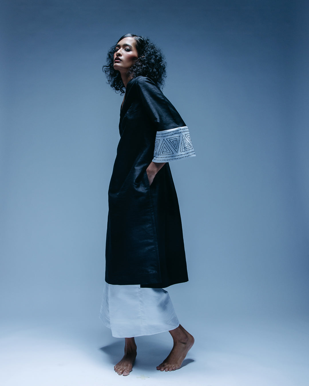 Black Kurta With Embroidered Sleeves & White Straight Ankle Pants