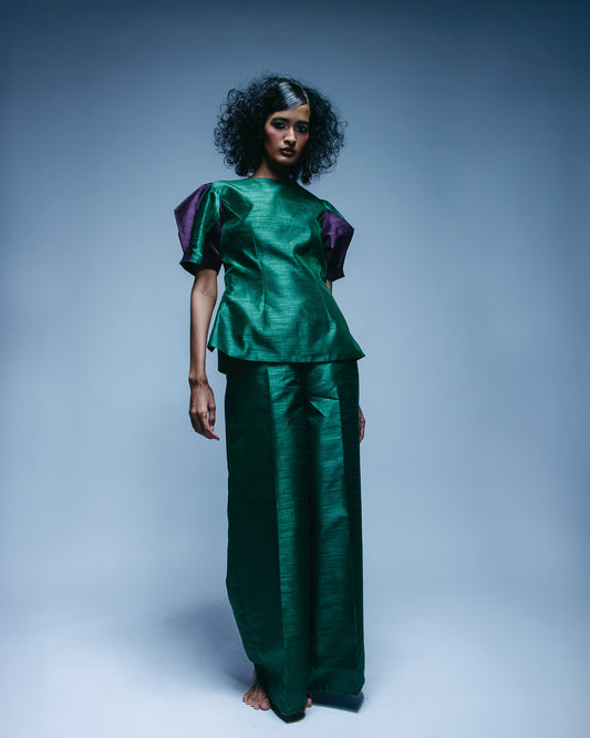 Green Fitted Top With Handcrafted Geometric Sleeves