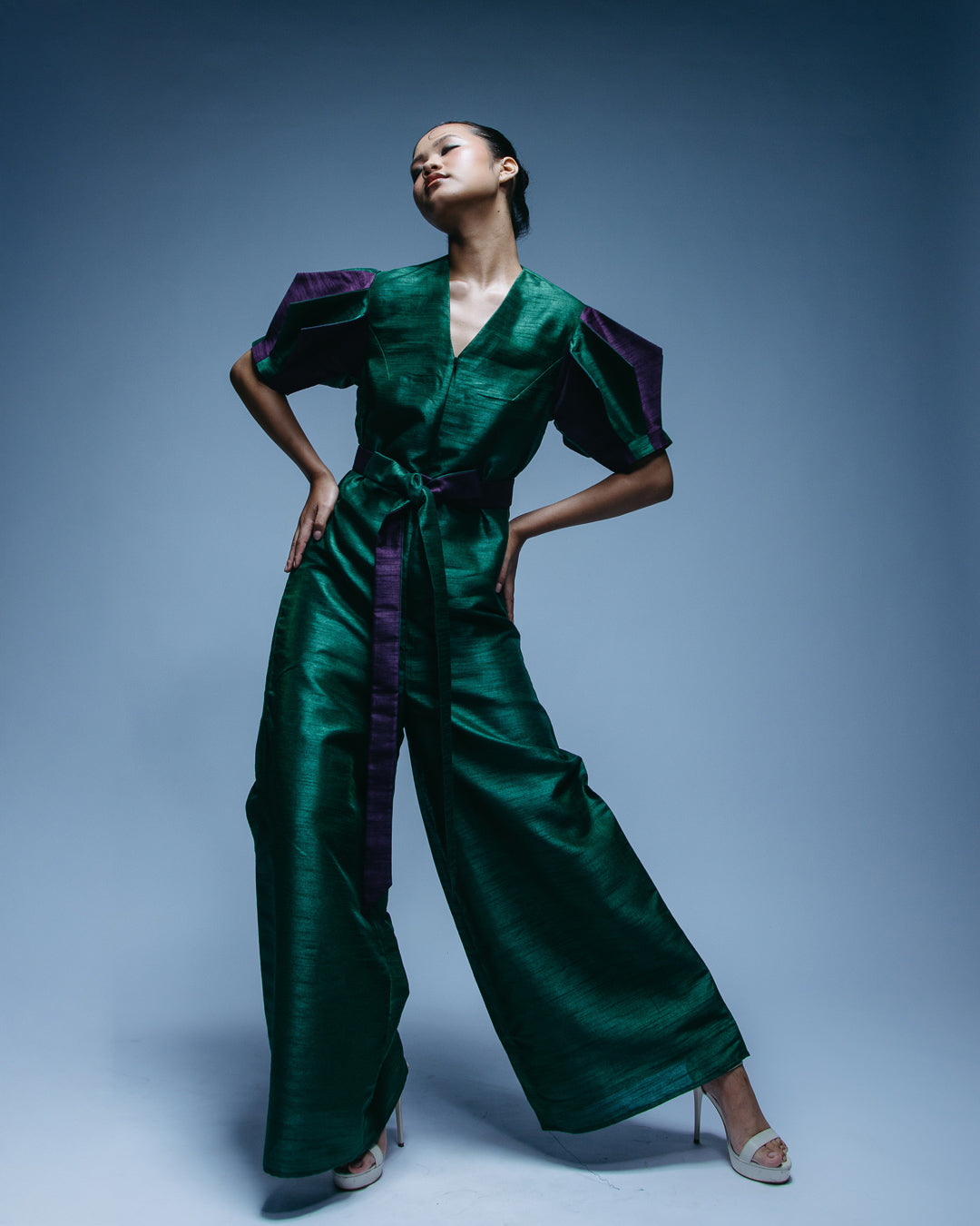 Green Jumpsuit With Handcrafted Geometric Sleeves