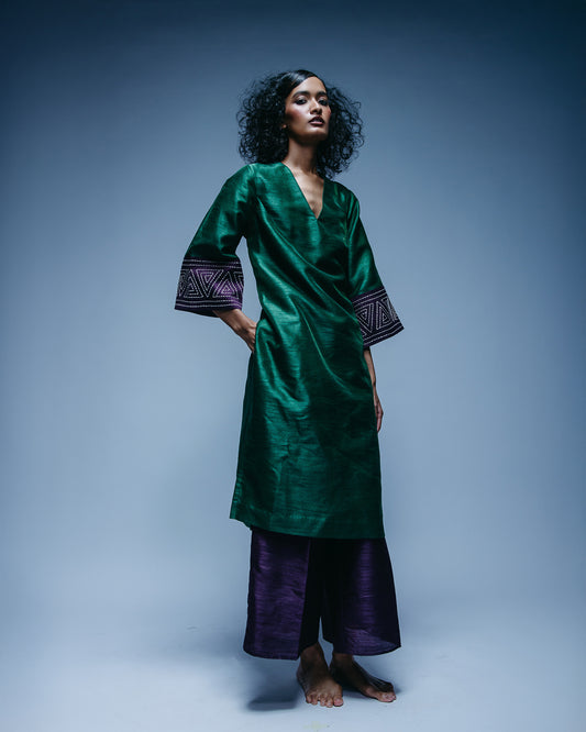 Green Kurta With Embroidered Sleeves And Wine Ankle Pants