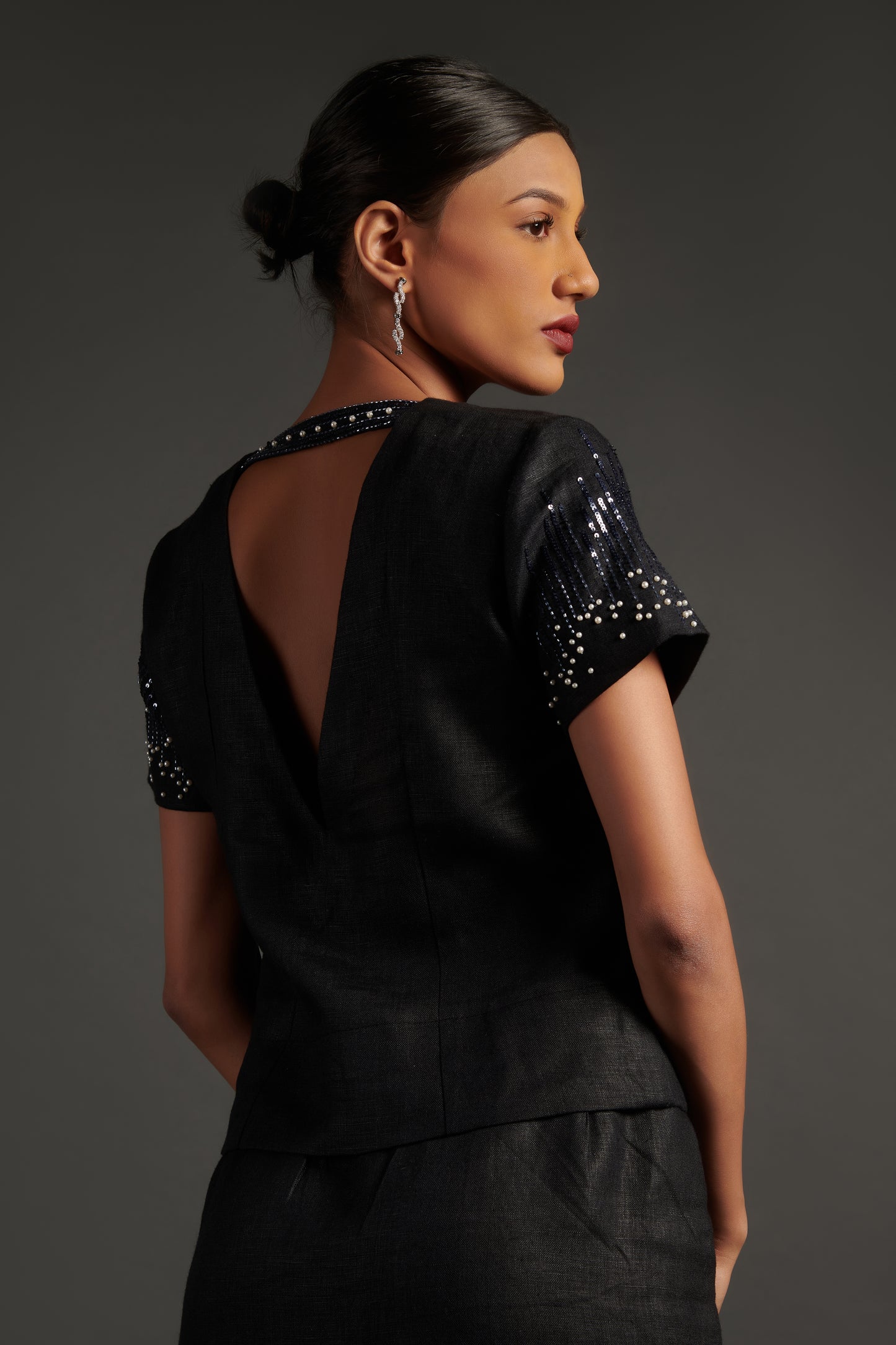 Black linen top with embroidered sleeves