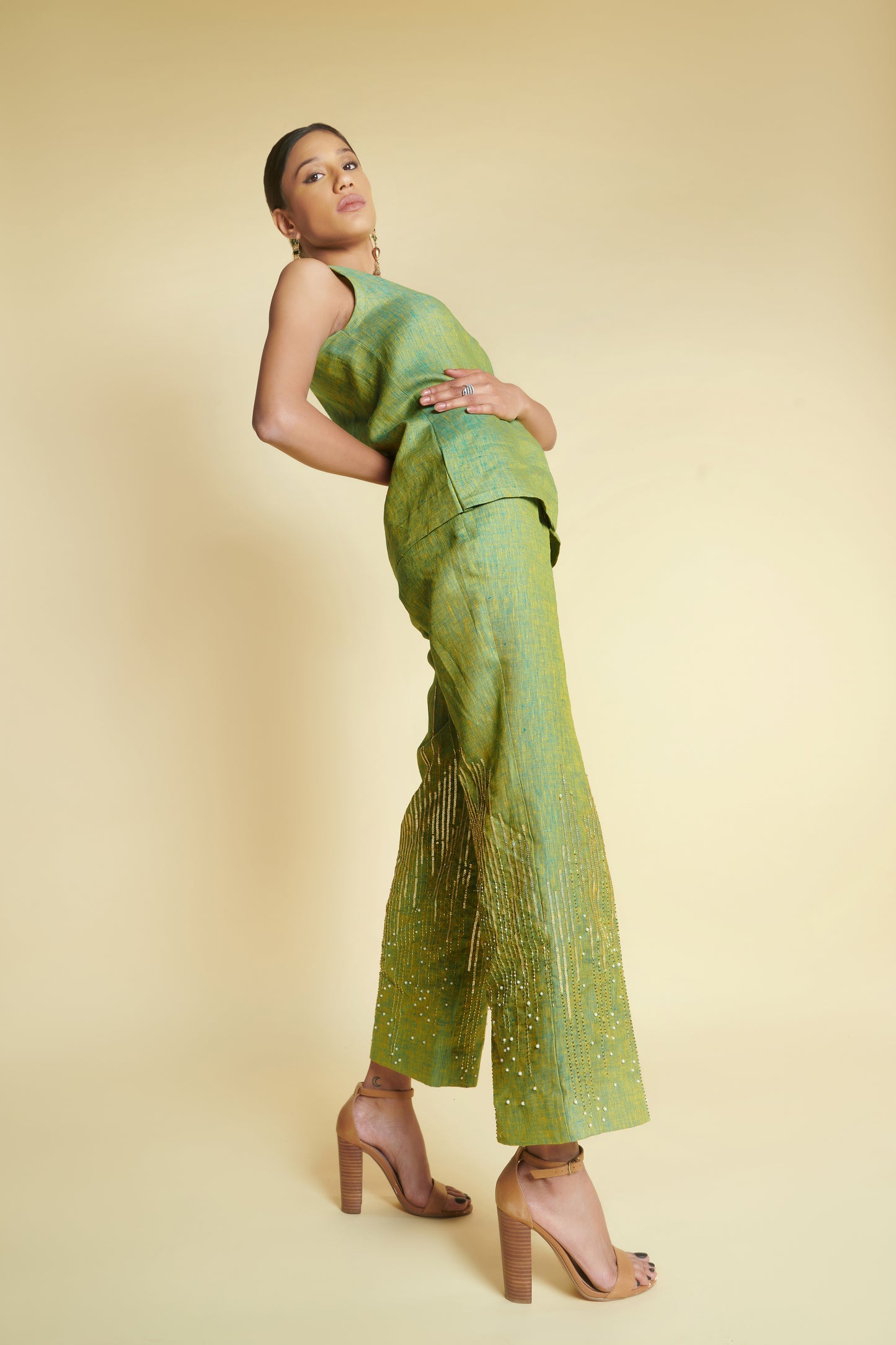 Lime embroidered straight pants