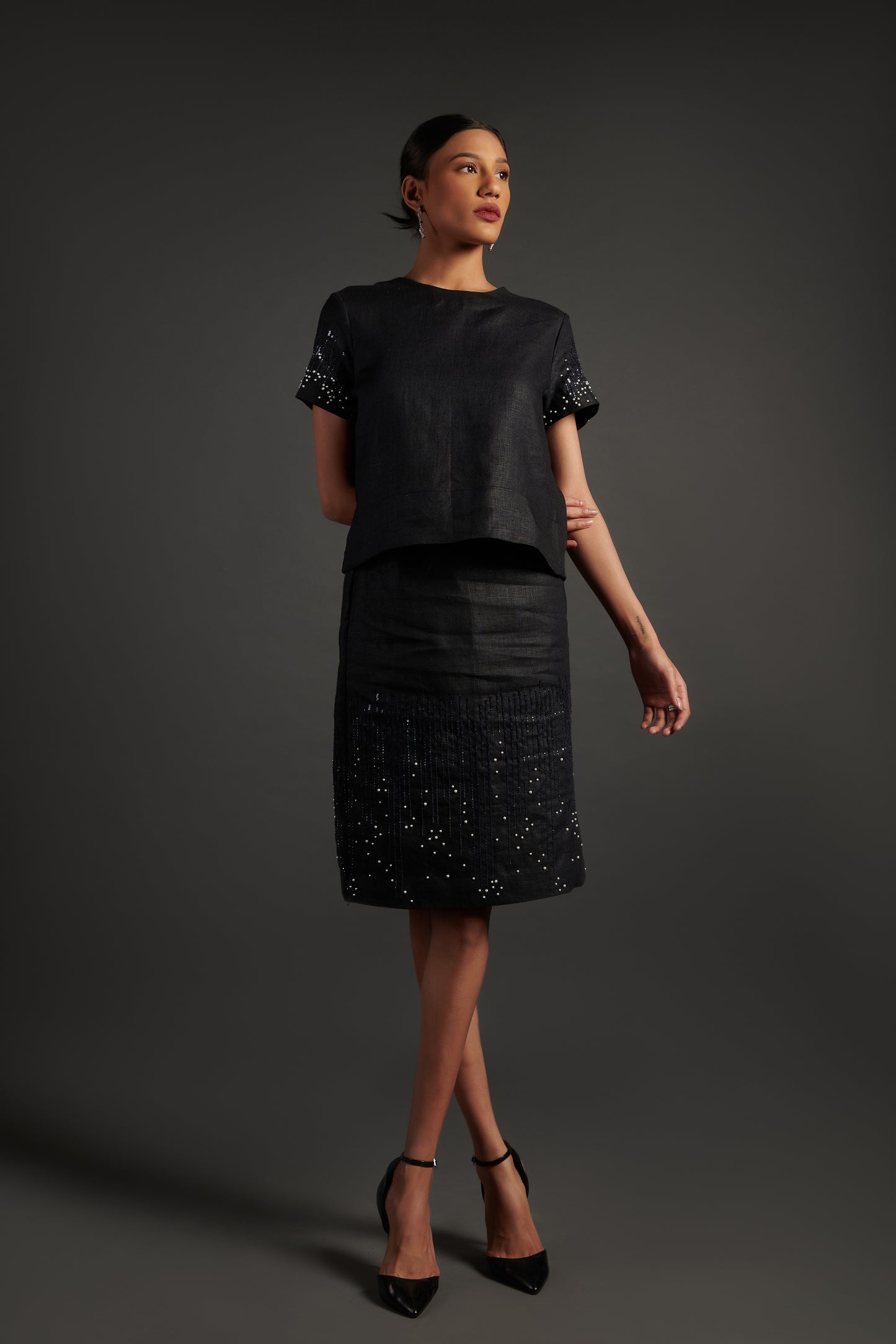 Black linen top with embroidered sleeves