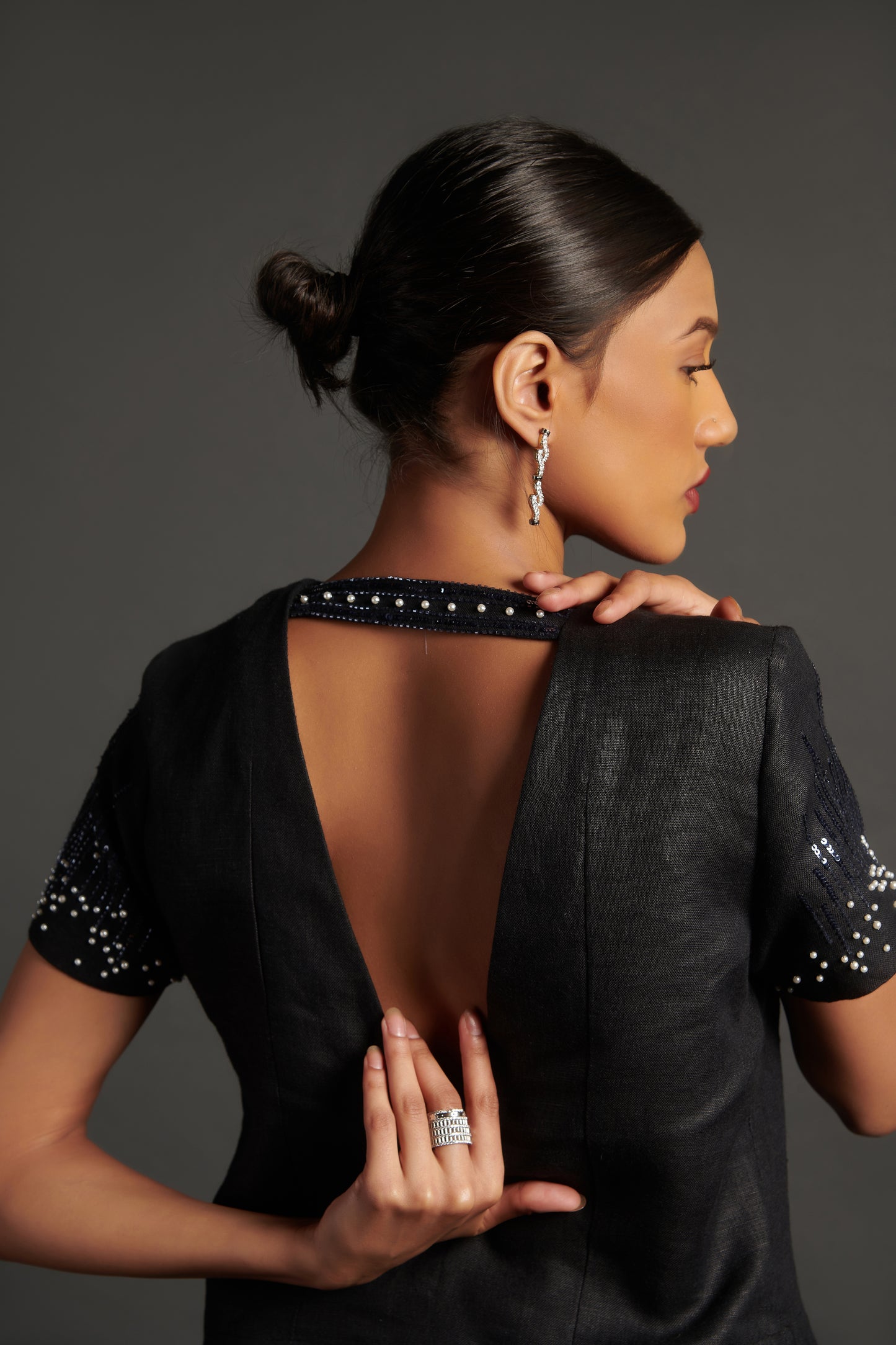 Black linen top with embroidered sleeves