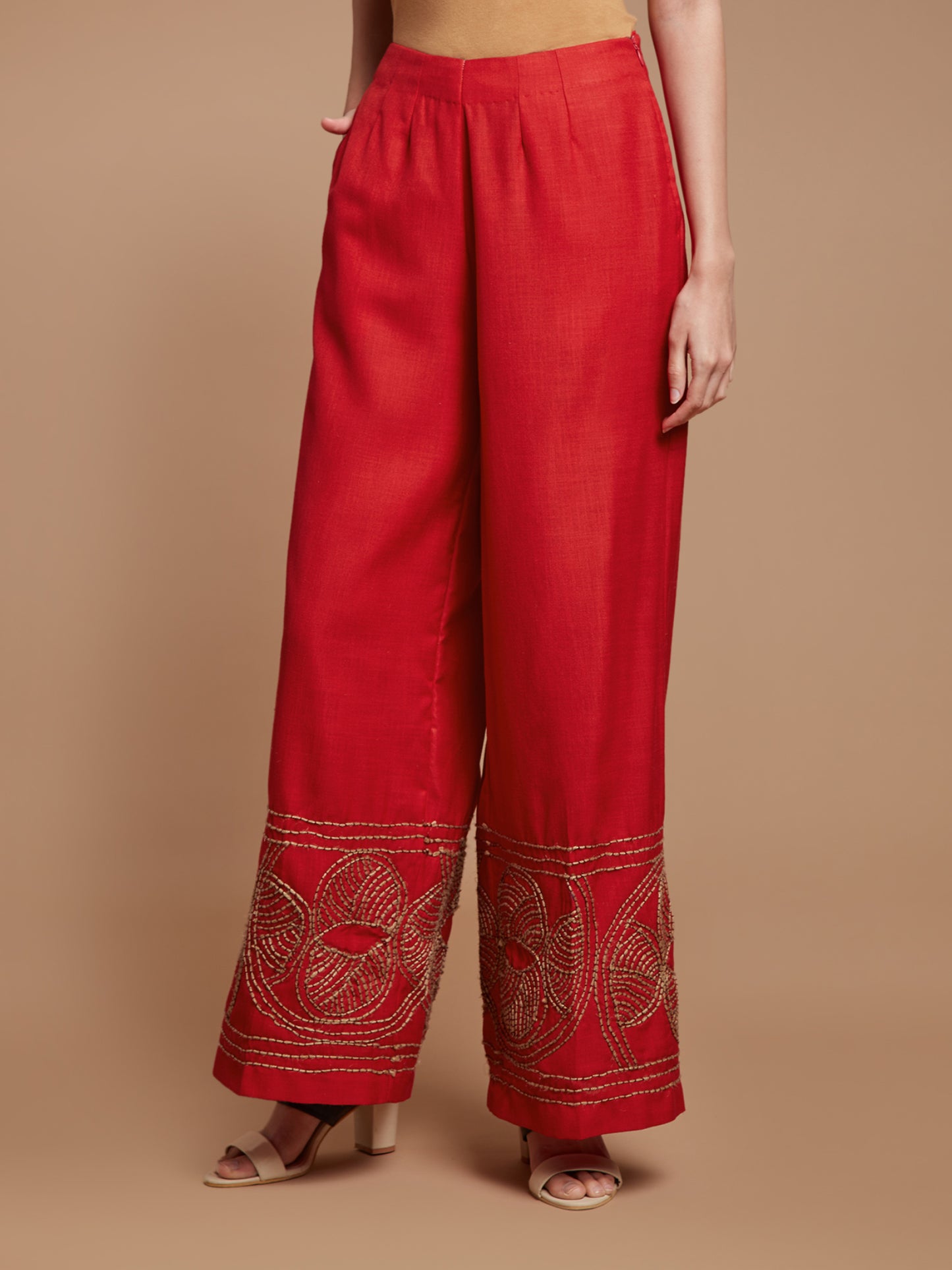 Wide leg Red Embroidered Pants