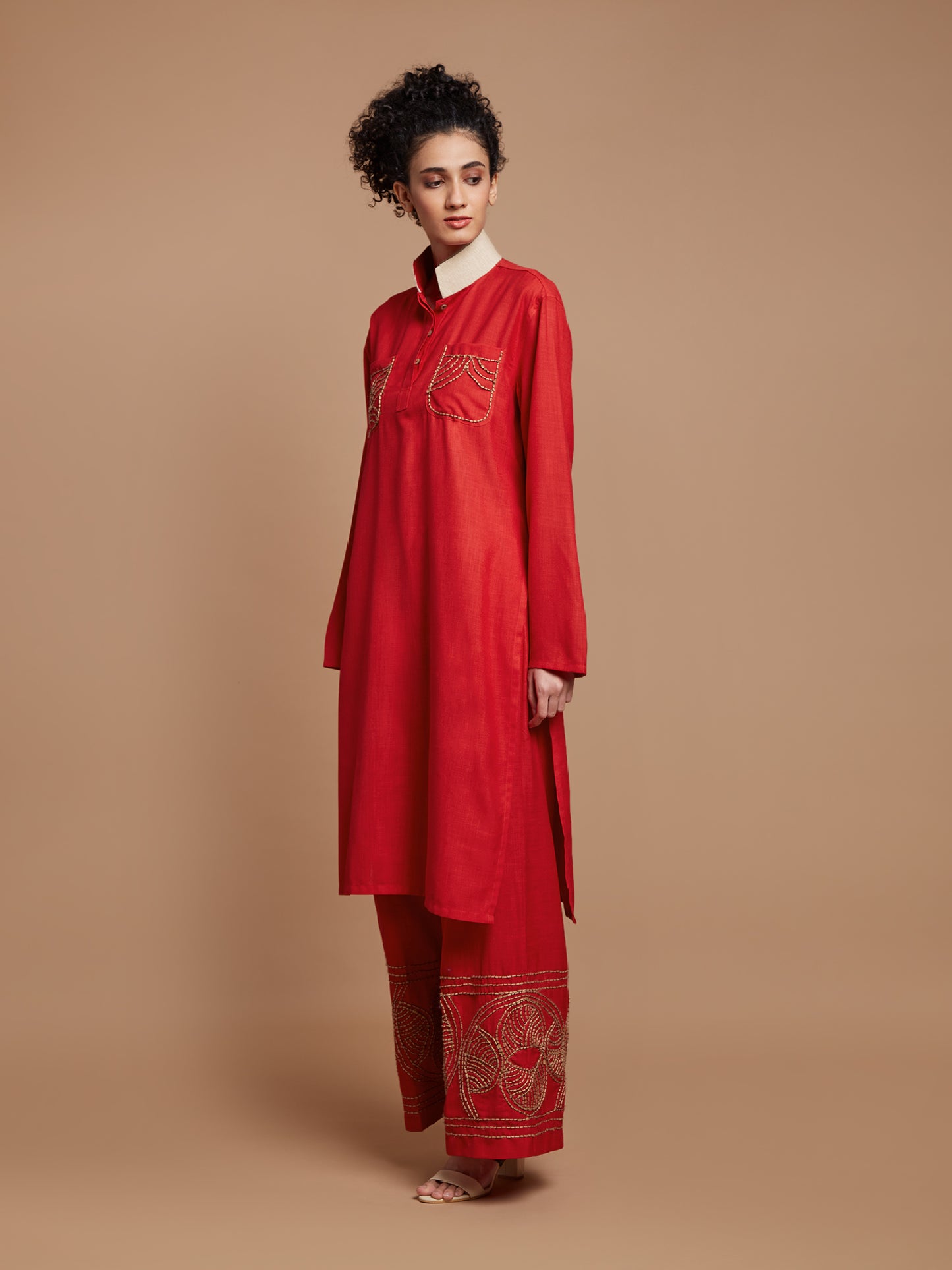 Red embroidered long kurta