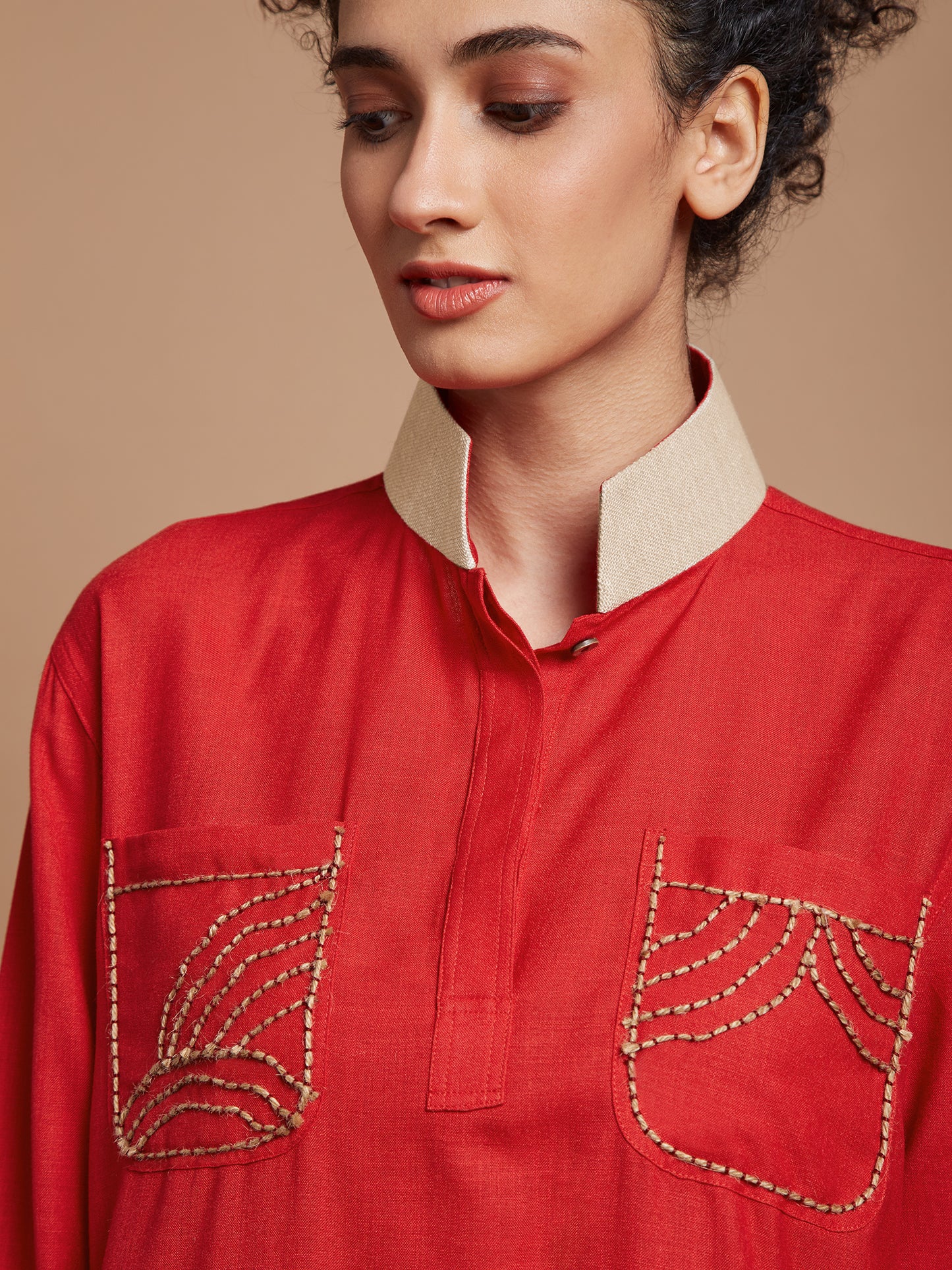 Red embroidered long kurta