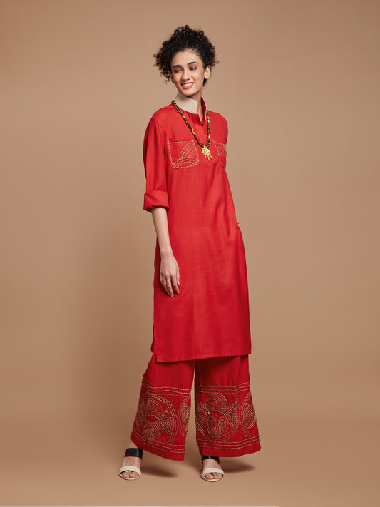 Red embroidered long kurta