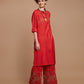 Wide leg Red Embroidered Pants
