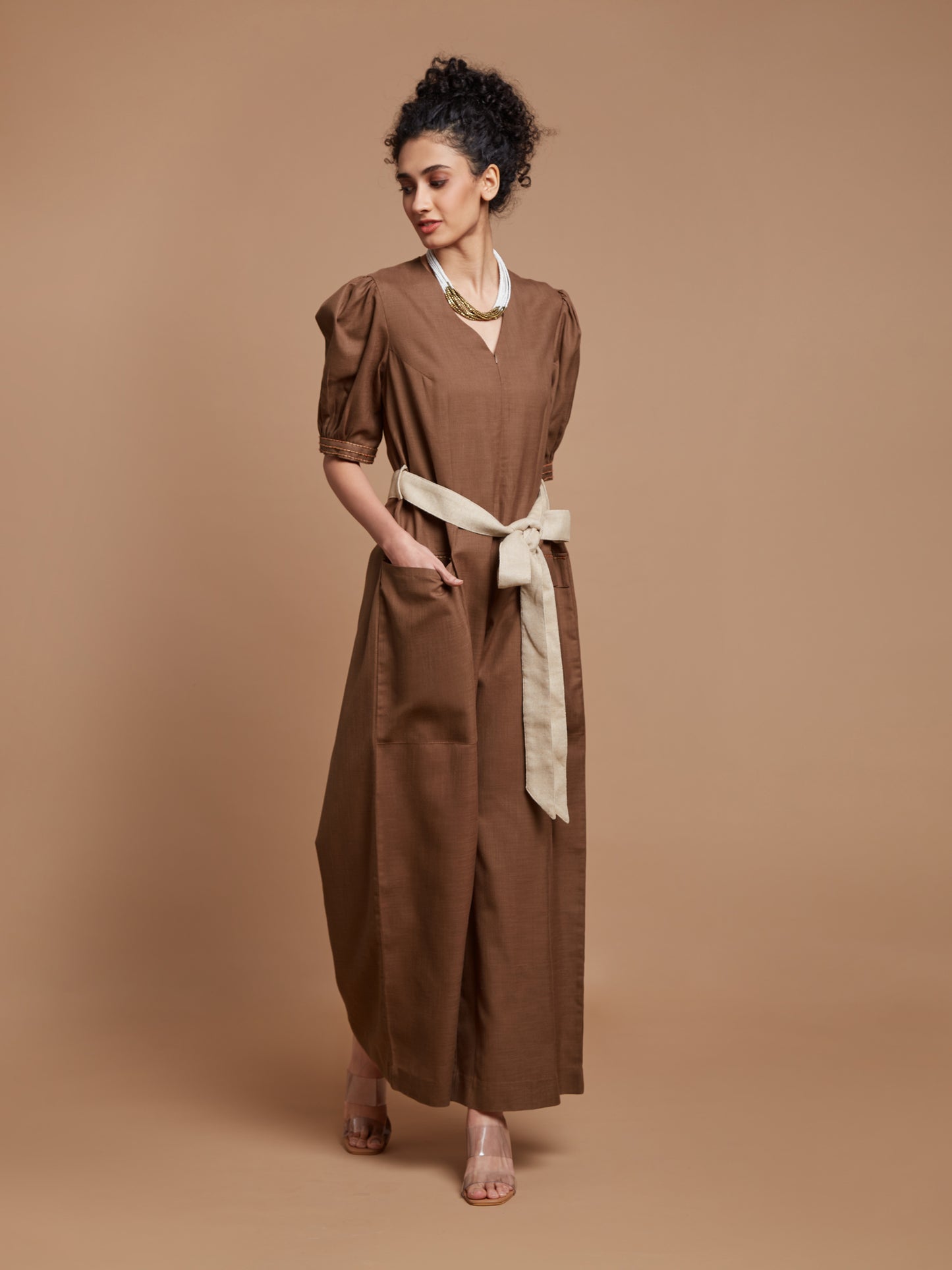 Brown jumpsuit with tie-up