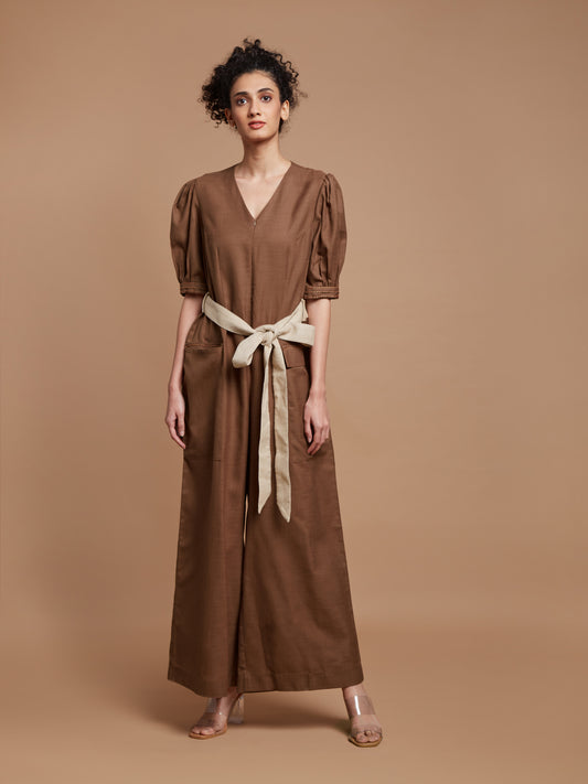 Brown jumpsuit with tie-up