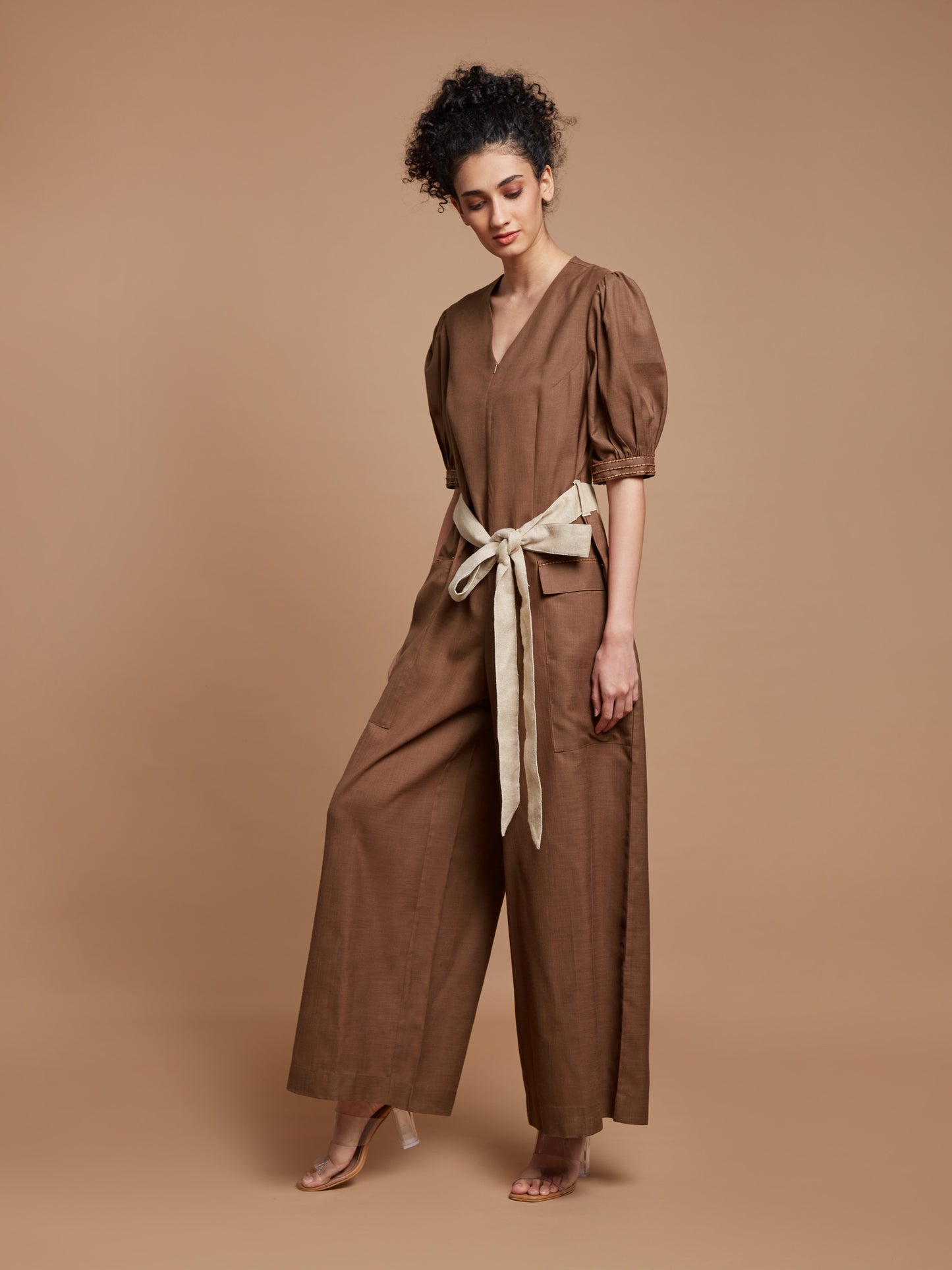 Brown jumpsuit with tie-up