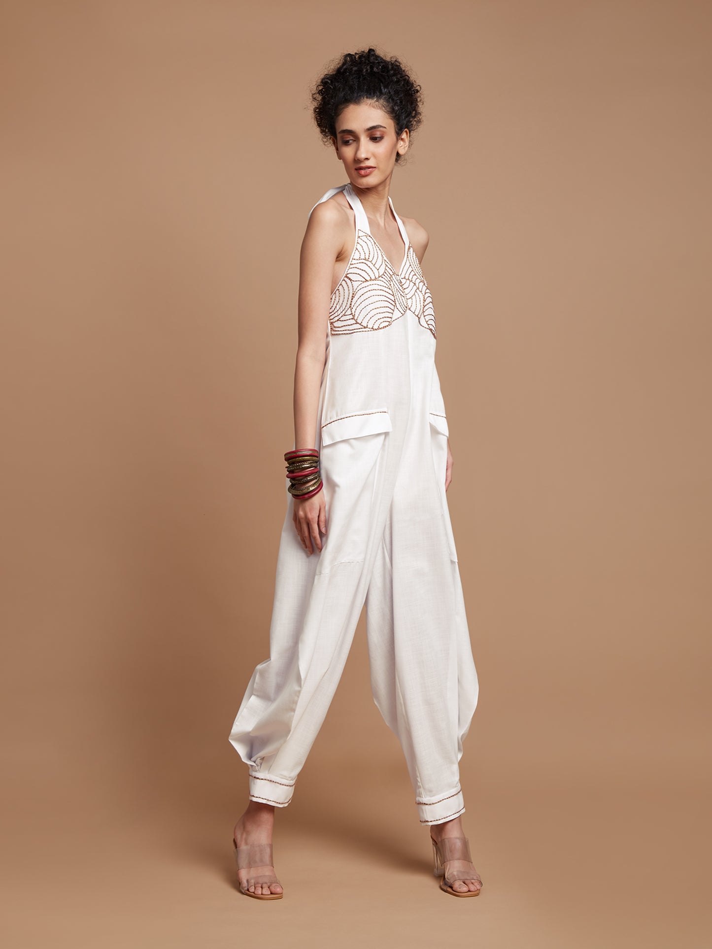 White halter neck jumpsuit