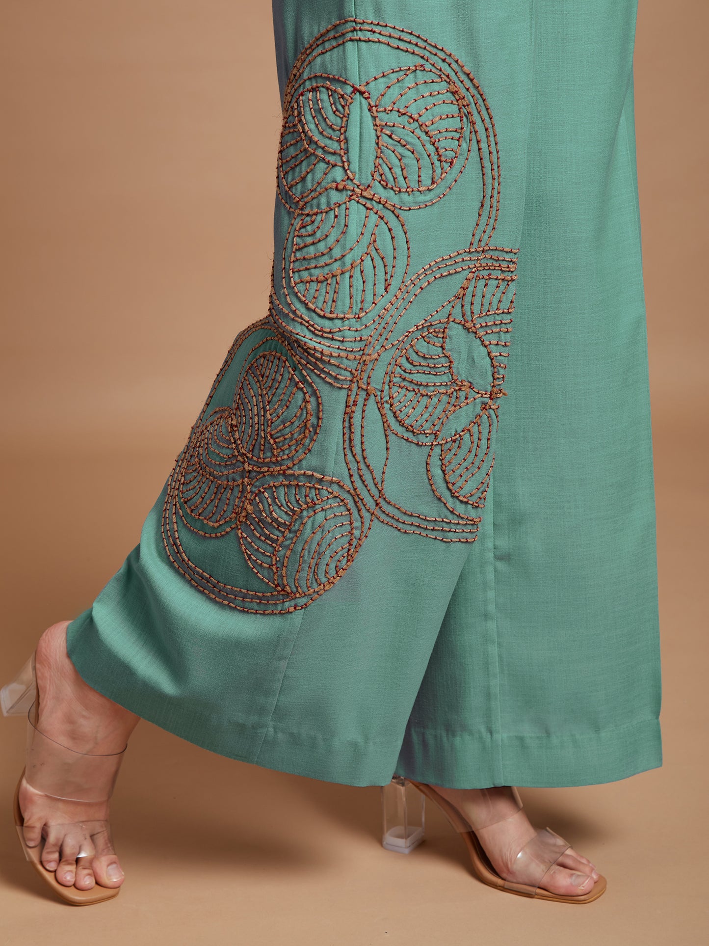 Wide leg turquoise embroidered pants