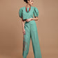 Wide leg turquoise embroidered pants