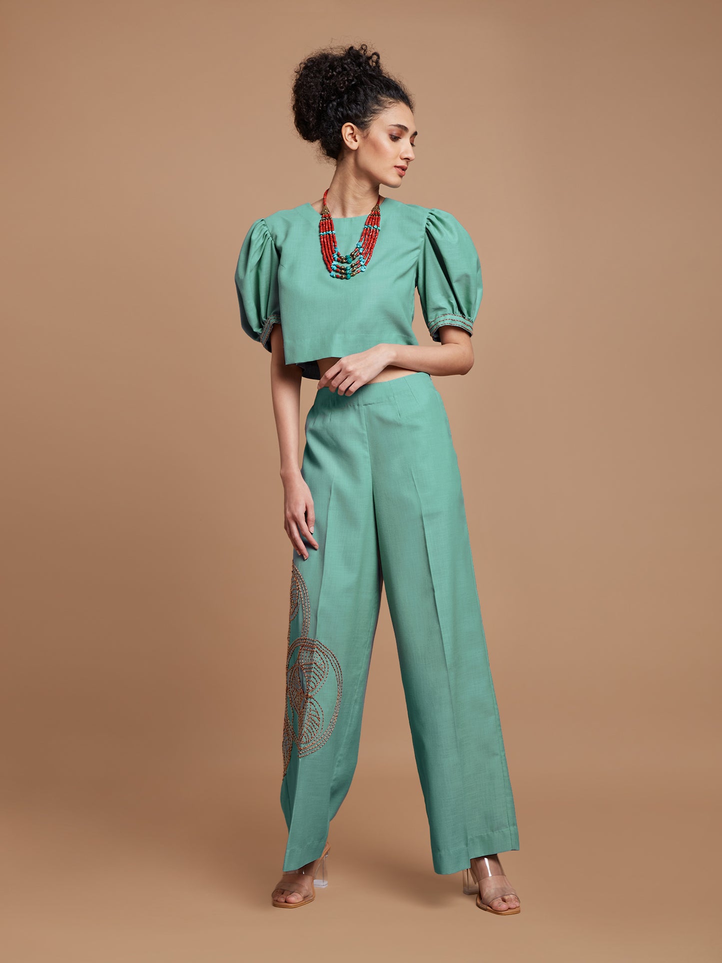 Wide leg turquoise embroidered pants