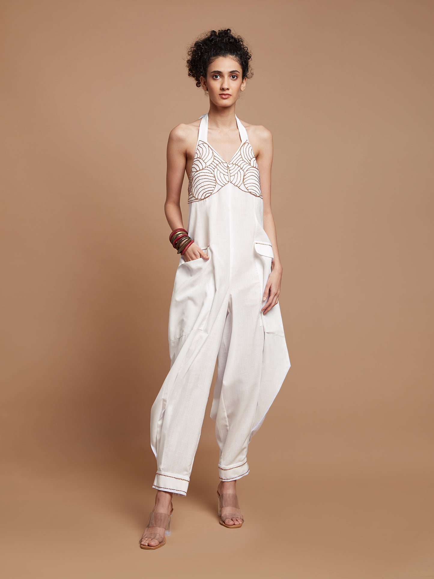 White halter neck jumpsuit