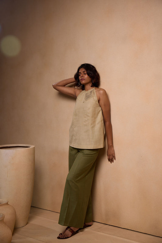 Olive Green Straight-Cut Cotton Pants