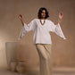 Cord Set - White cotton relaxed-fit top with round neck and sleeves