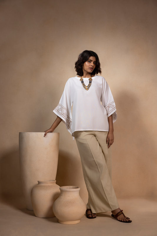 Beige Pleated Cotton Wide-Leg Pants