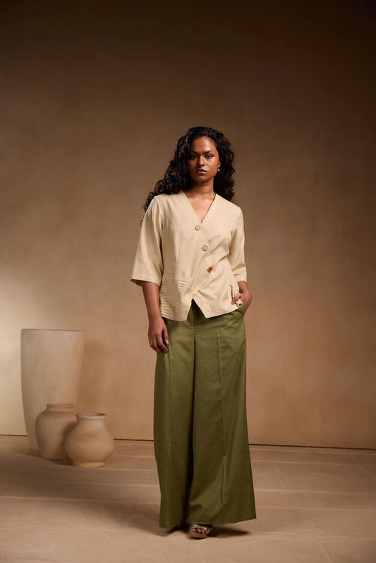 Crossover Beige Pleated Top with Pant Sets