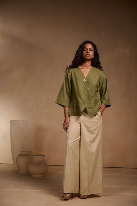 Beige Pleated Cotton Wide-Leg Pants