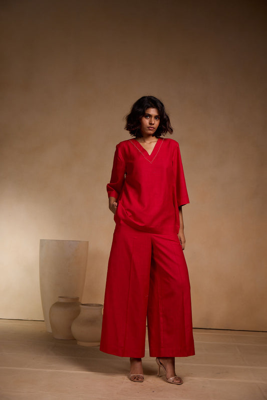 Cherry Red Wide-Leg Cotton Pants