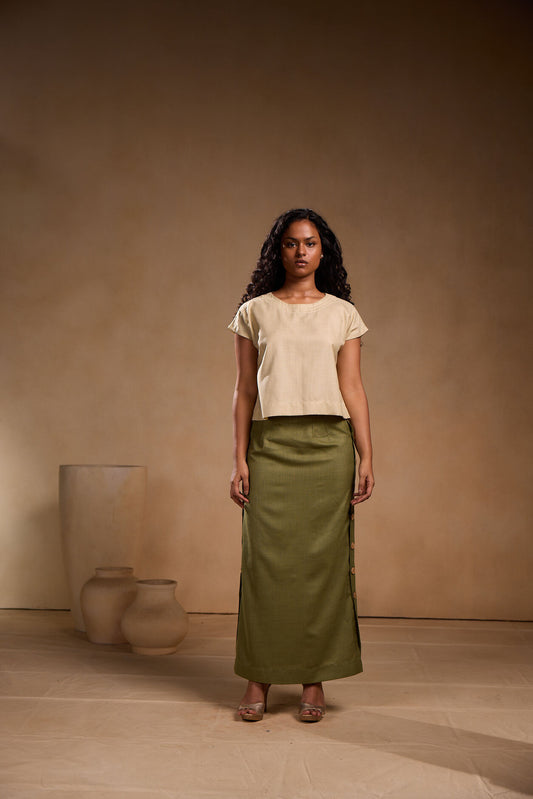 Olive Green Straight Cotton Skirt with Side Button Detailing