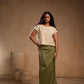 Olive Green Straight Cotton Skirt with Side Button Detailing