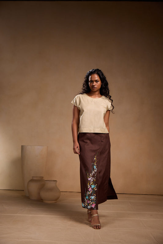 Brown Cotton Straight Skirt with Floral Print