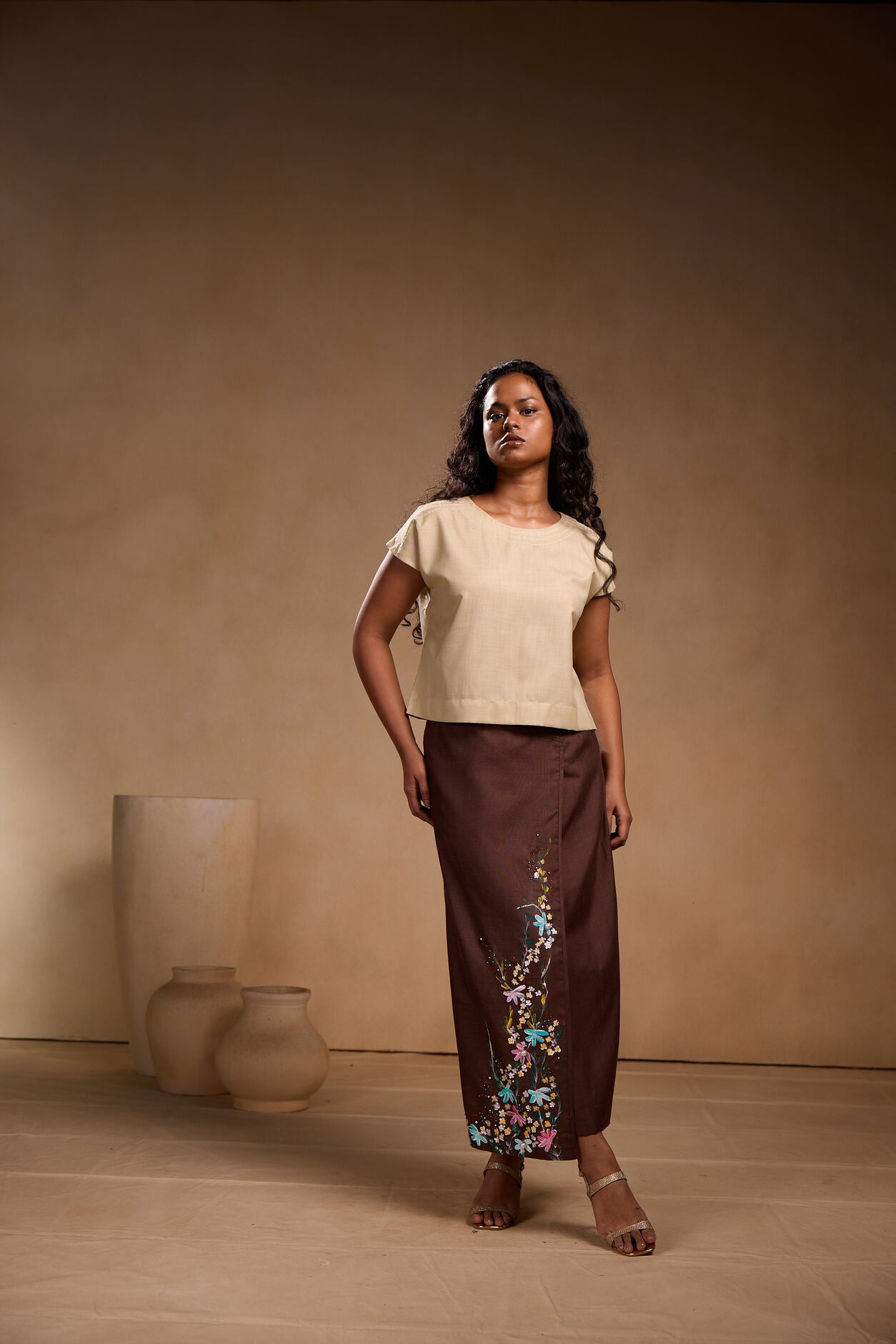 Brown Cotton Straight Skirt with Floral Print