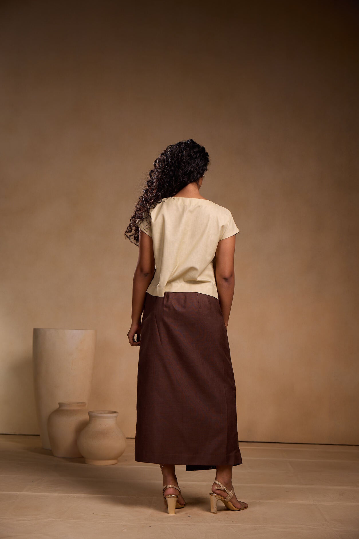 Brown Cotton Straight Skirt with Floral Print