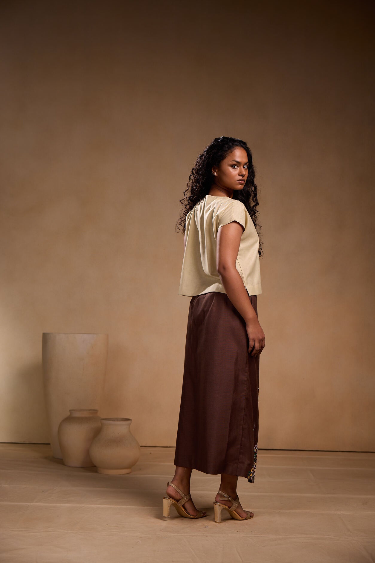 Brown Cotton Straight Skirt with Floral Print