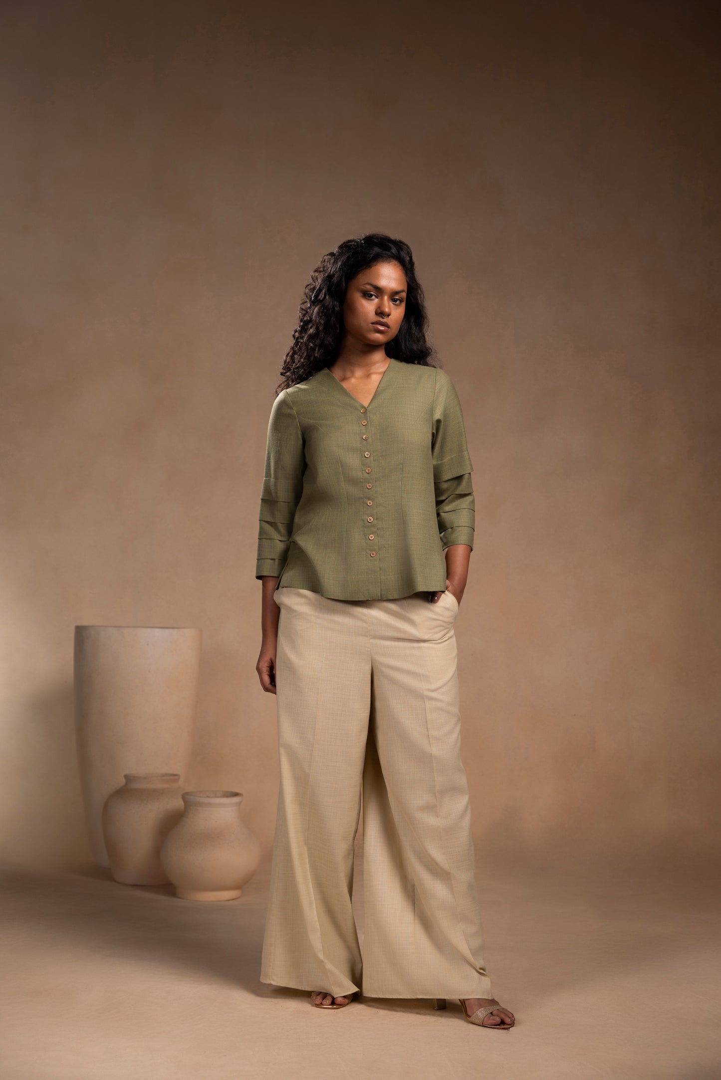 Cord Set - Pleated sleeves top with Pant Set