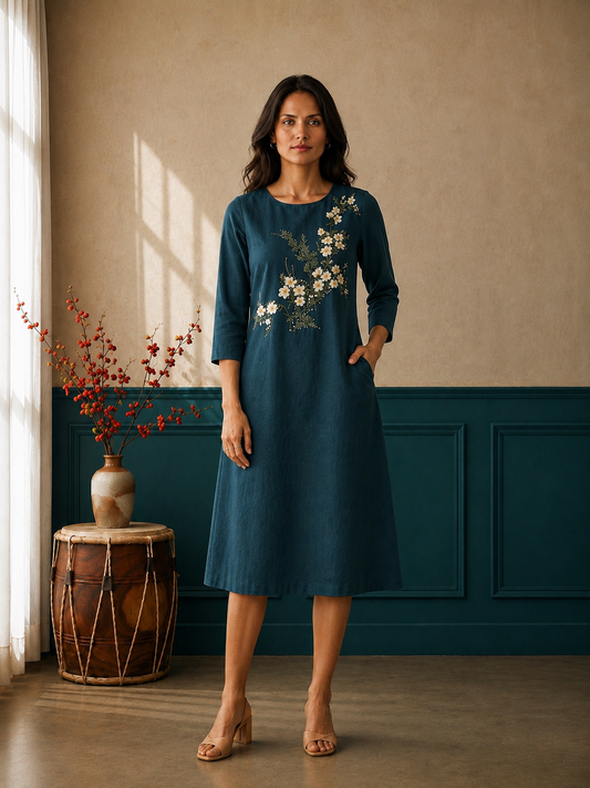 Teal A-Line Below-Knee Hand-Painted Dress