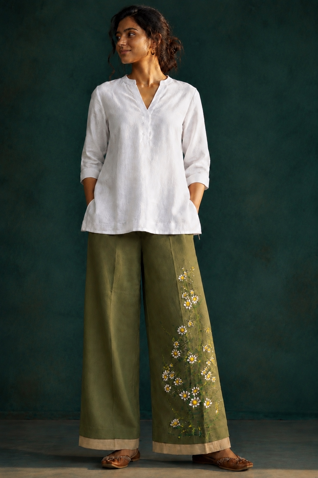 Women’s Olive Green Hand-Painted Floral Wide Leg Palazzo Pants