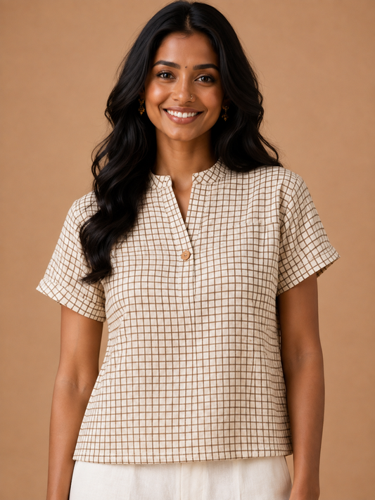 White Checks Chinese collar kimono top.