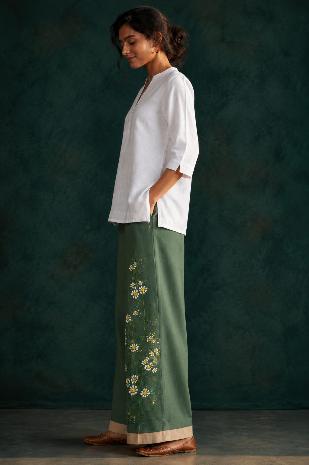 Women’s Green Hand-Painted Floral Wide Leg Palazzo Pants