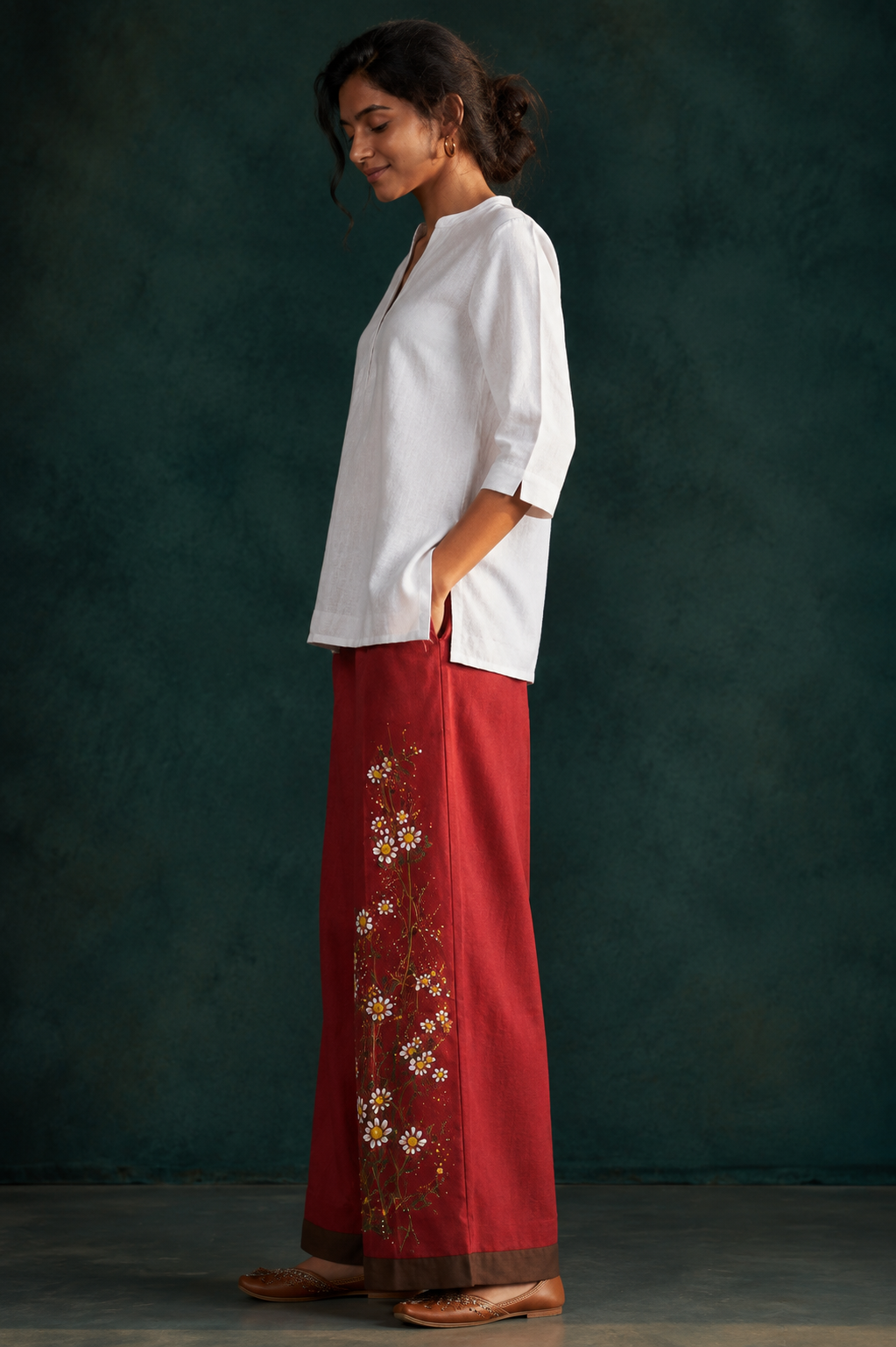 Women’s Red Hand-Painted Floral Wide Leg Palazzo Pants