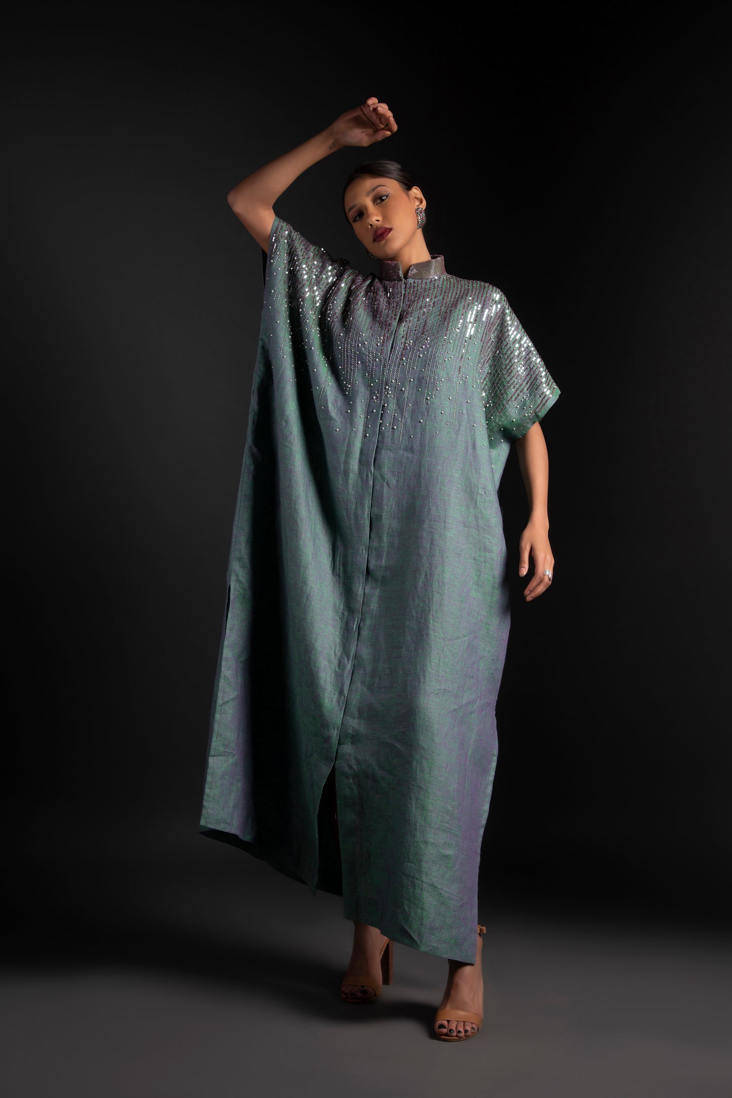 Embroidered linen full length kaftan