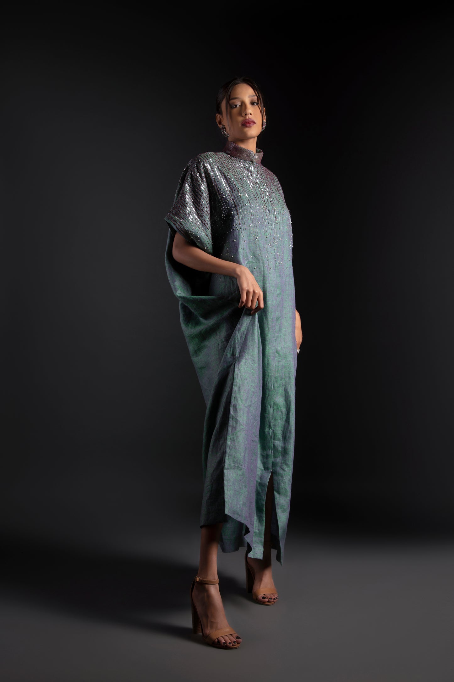 Embroidered linen full length kaftan