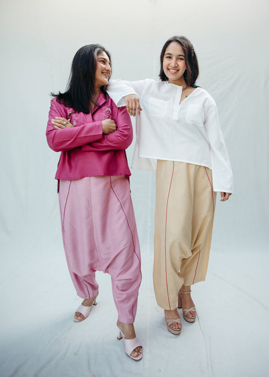 Light pink silk drop crotch pants