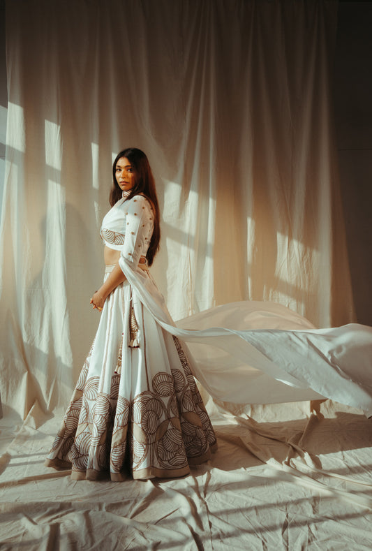 White Lehenga with Jute Embroidery